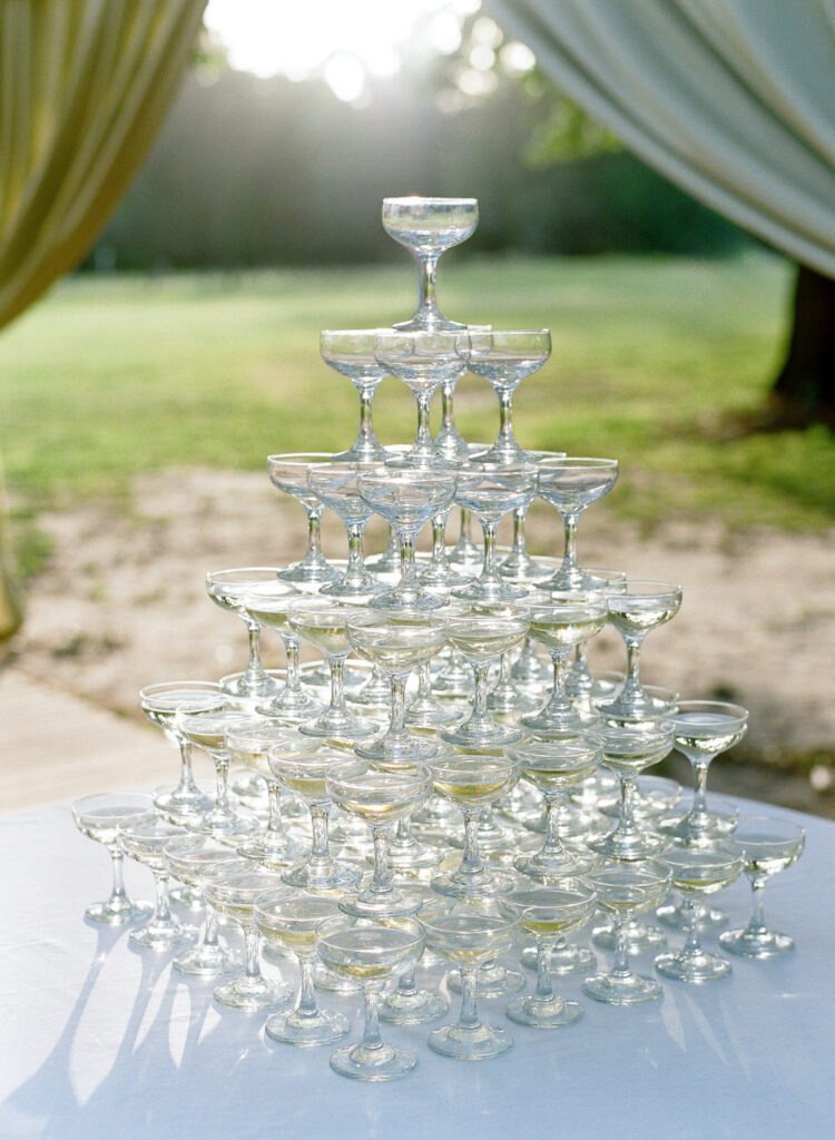 Champagne tower at wedding reception in Charleston
