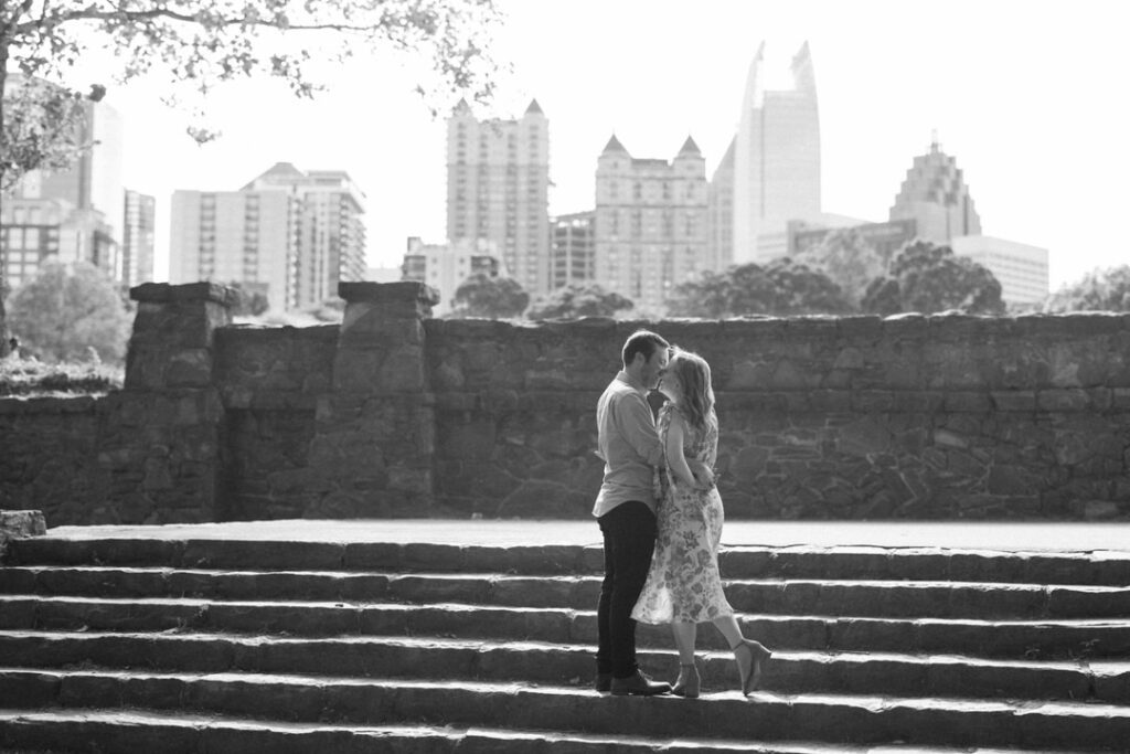 Atlanta Engagement Session Black and white of couple on stairs