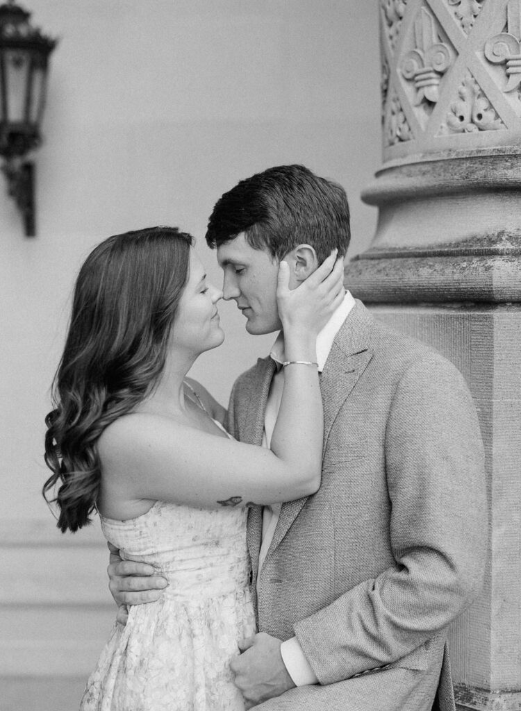 Black and white of couples nose to nose at Biltmore Estate in Asheville