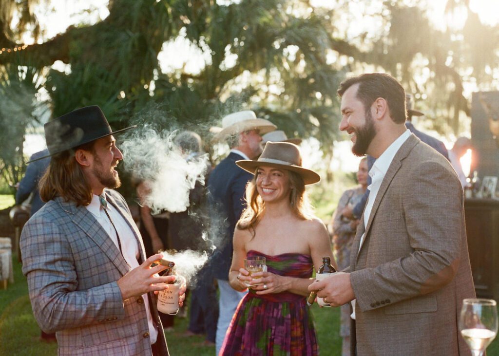 wedding guests laughing 