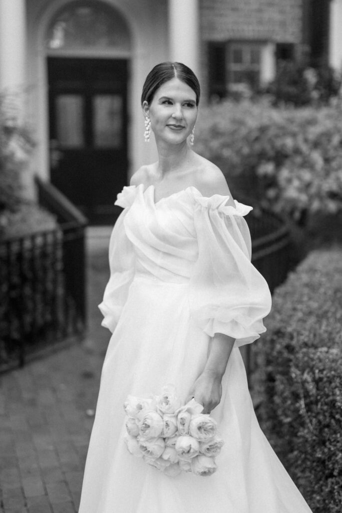 Black and White of bride looking off