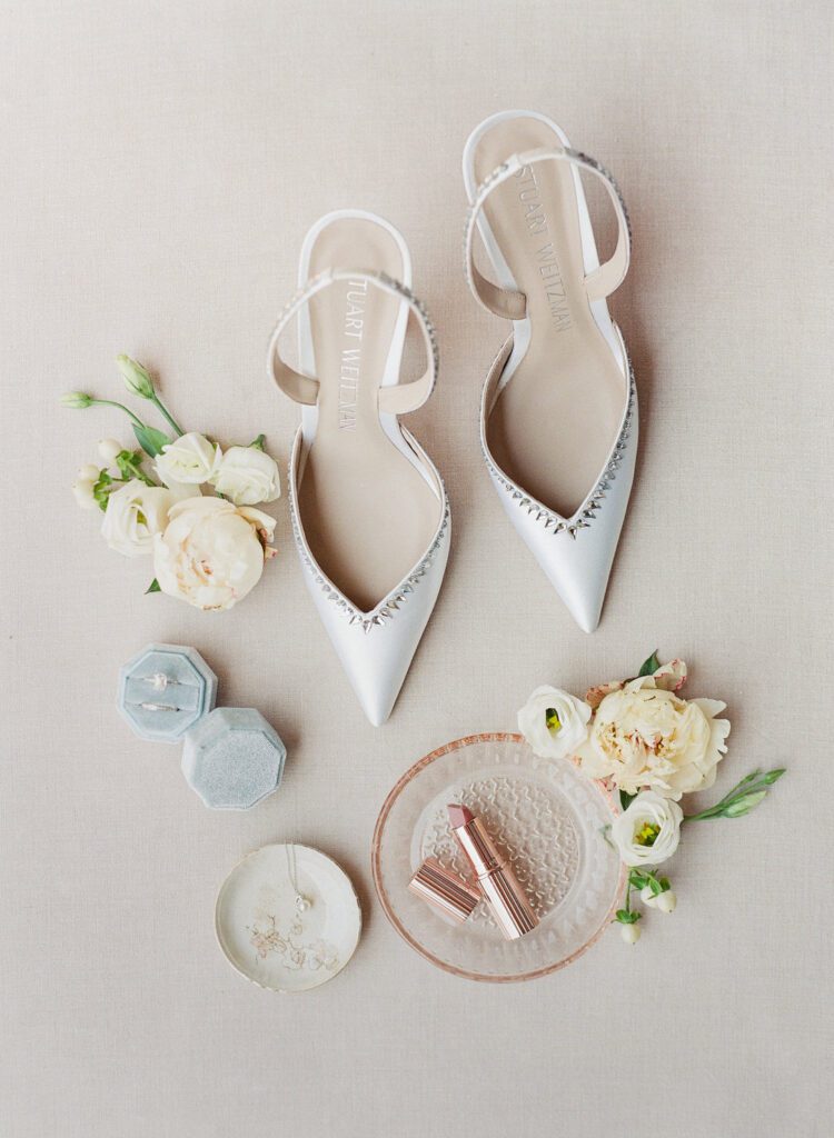 bride's rings, shoes and lipstick