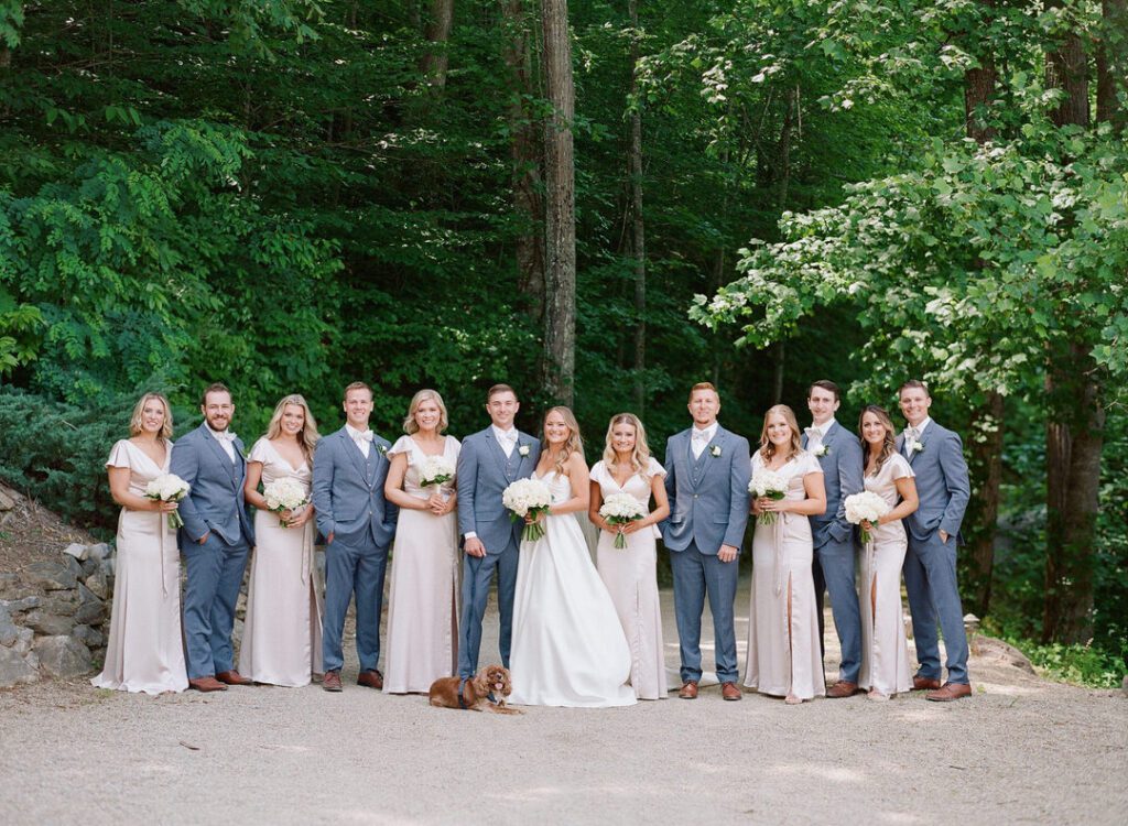 bride and groom with wedding party