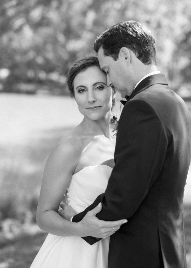 black and white of bride and groom 