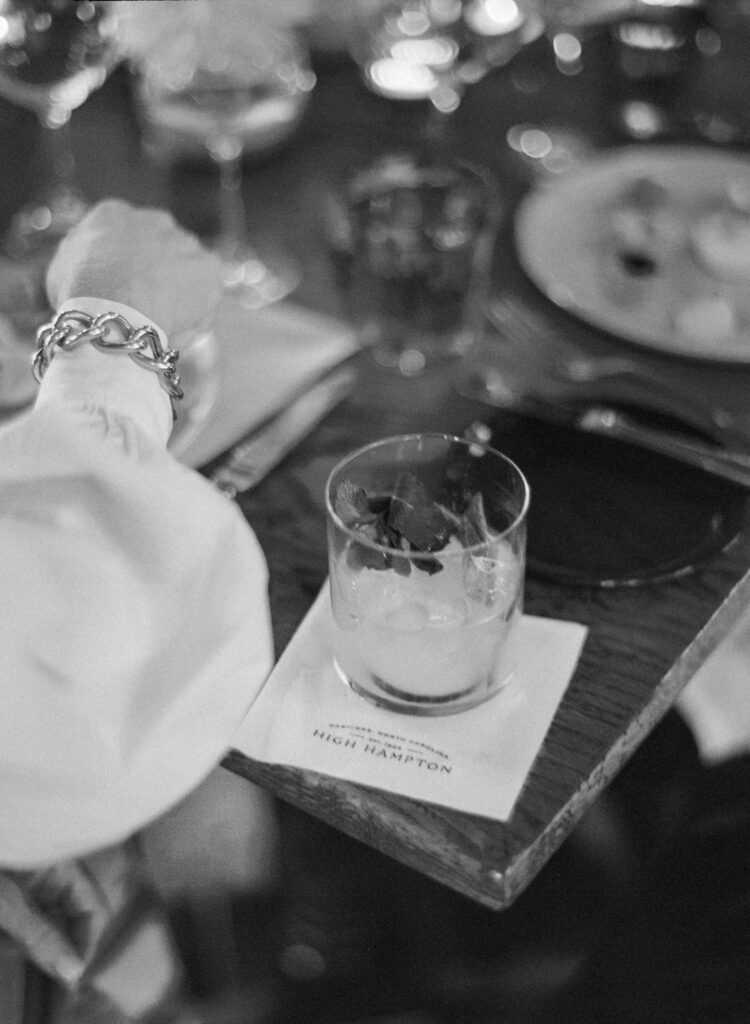 black and white of High Hampton Resort napkin with cocktail