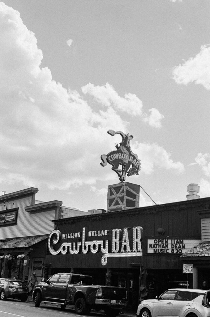 Black and white of the cowboy bar in Jackson Hole Wyoming