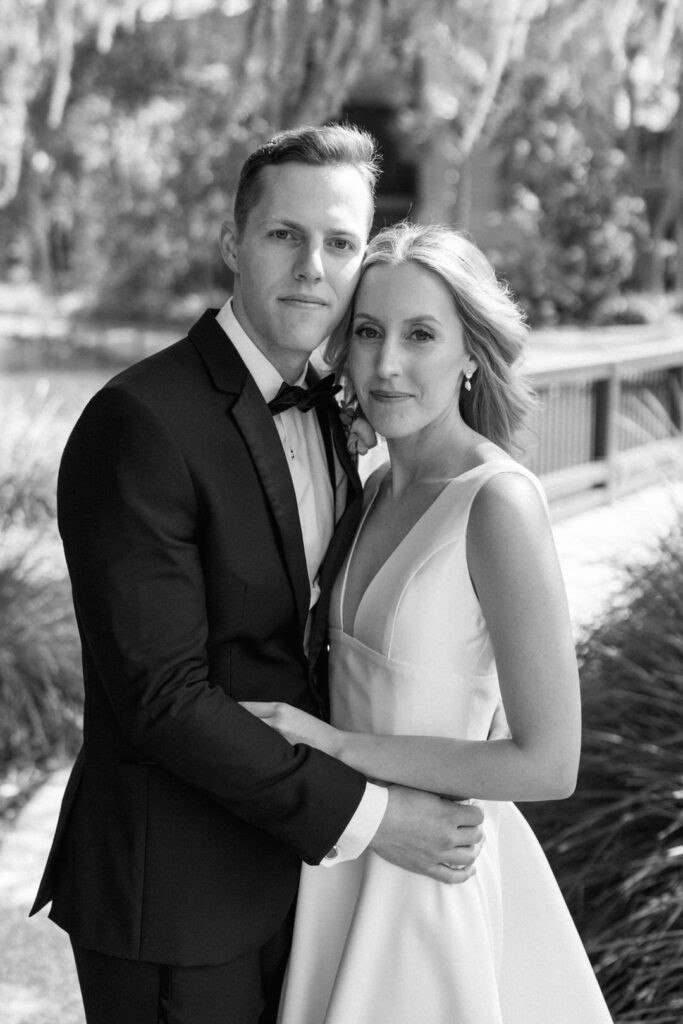 black and white of bride and groom