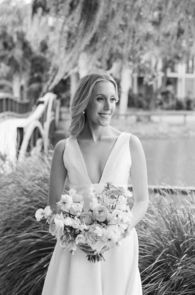 black and white of bride