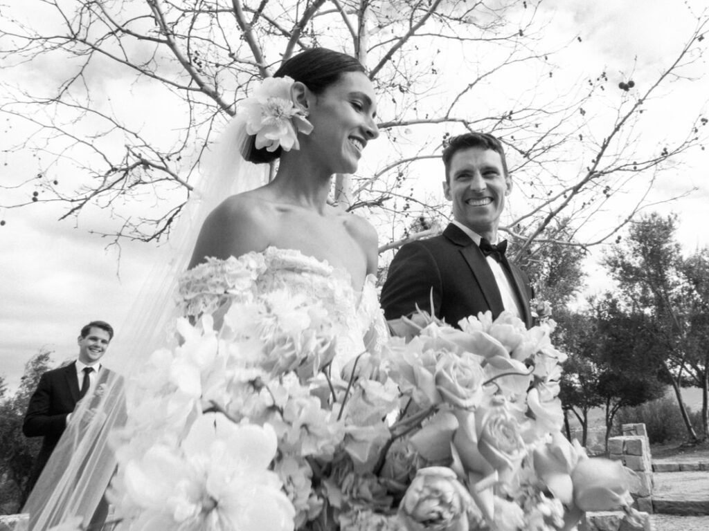 Black and white of Bride and Groom Smiling 