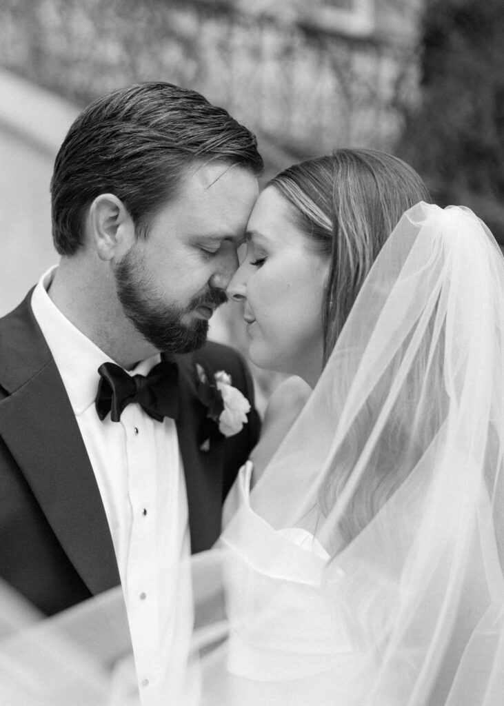 black and white of bride and groom