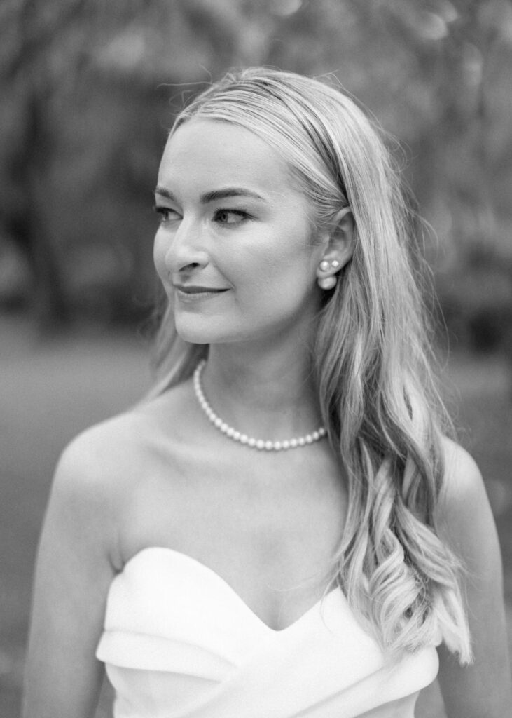 black and white portrait of bride