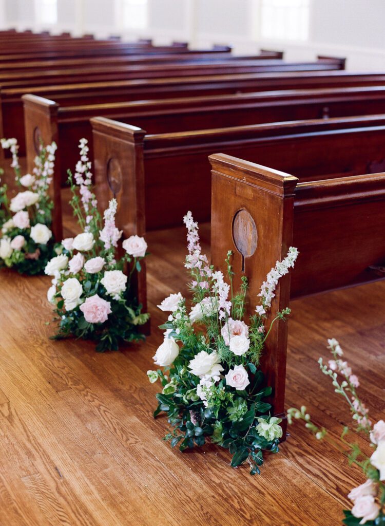 Flowers in the chapel for wedding ceremony