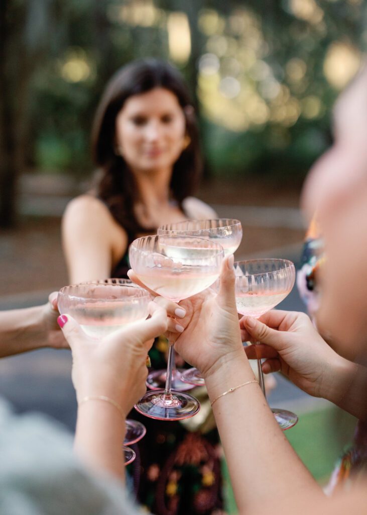 wedding guests toasting at cocktail hour