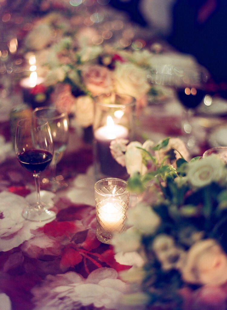 wedding reception table candles and flowers