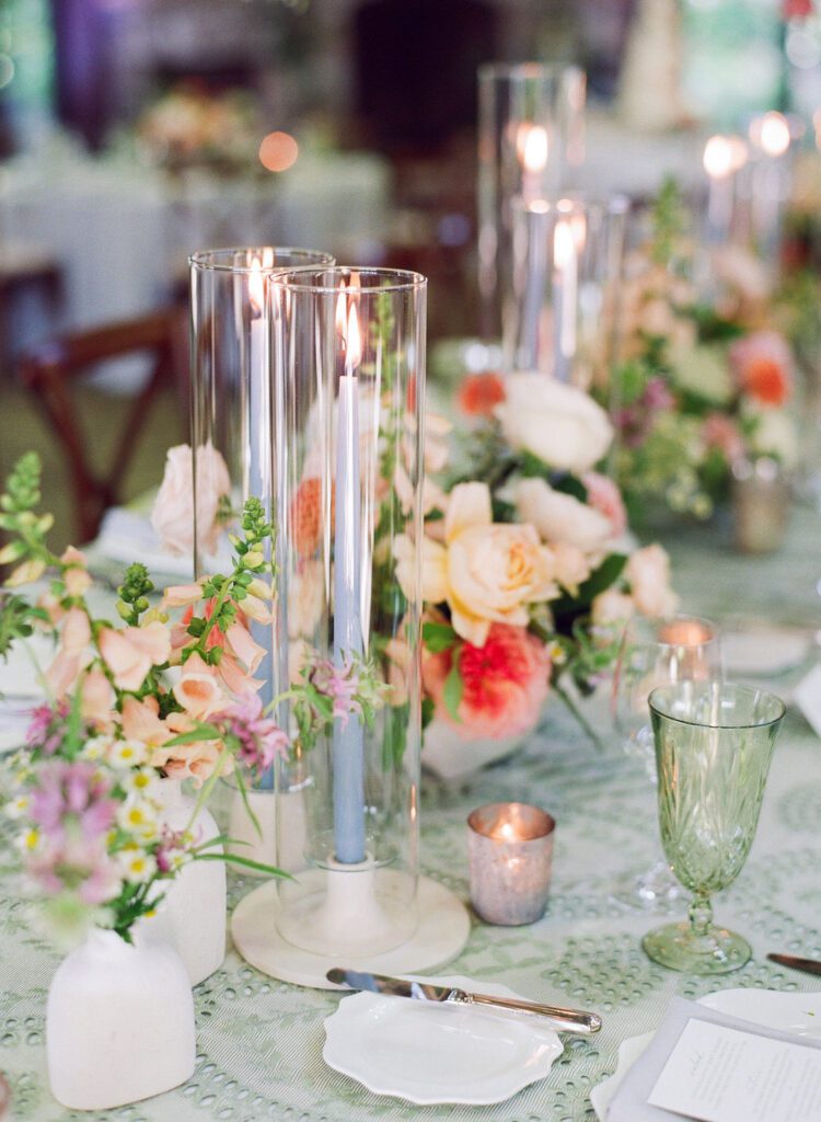 wedding reception table candles and flowers