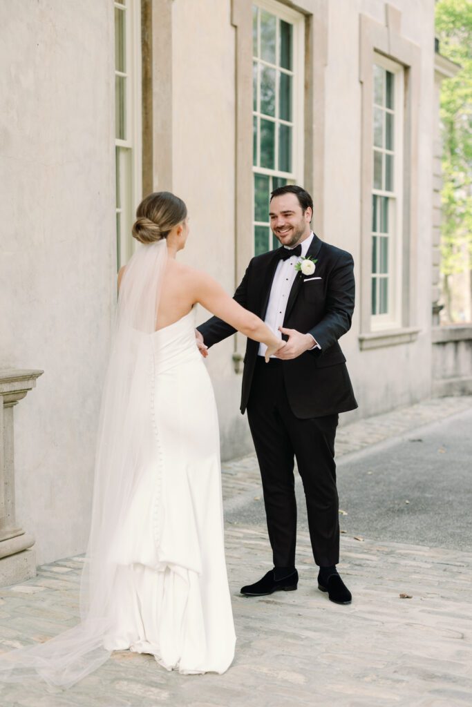 bride and groom first look