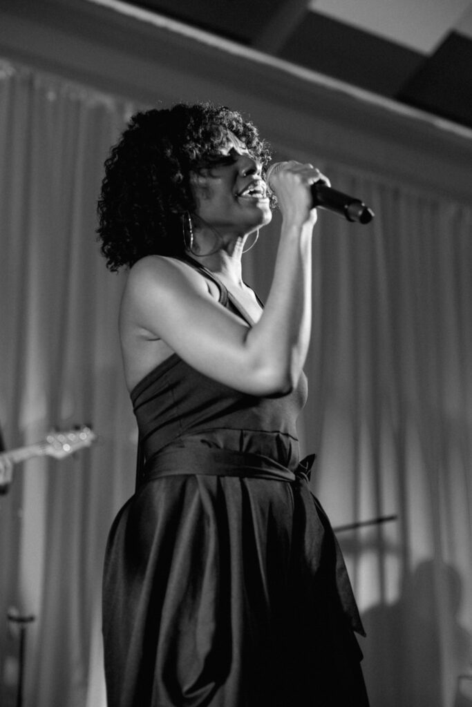 black and white of wedding band singer