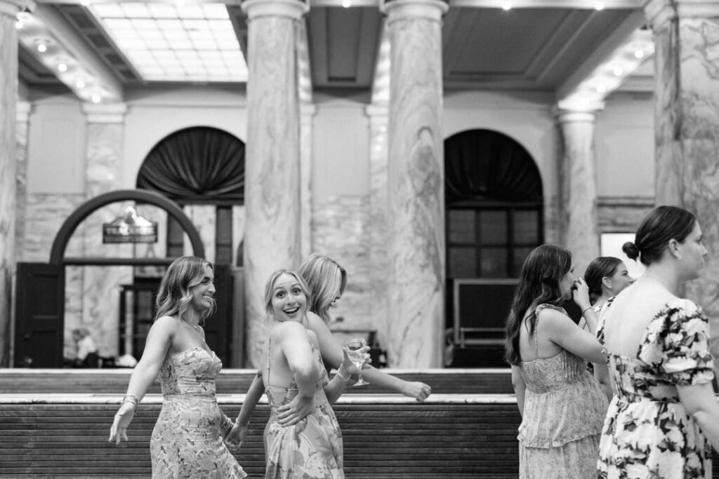 black and white of bridesmaid funny face