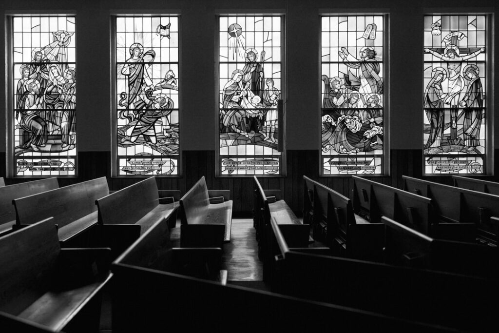 black and white of stained glass windows