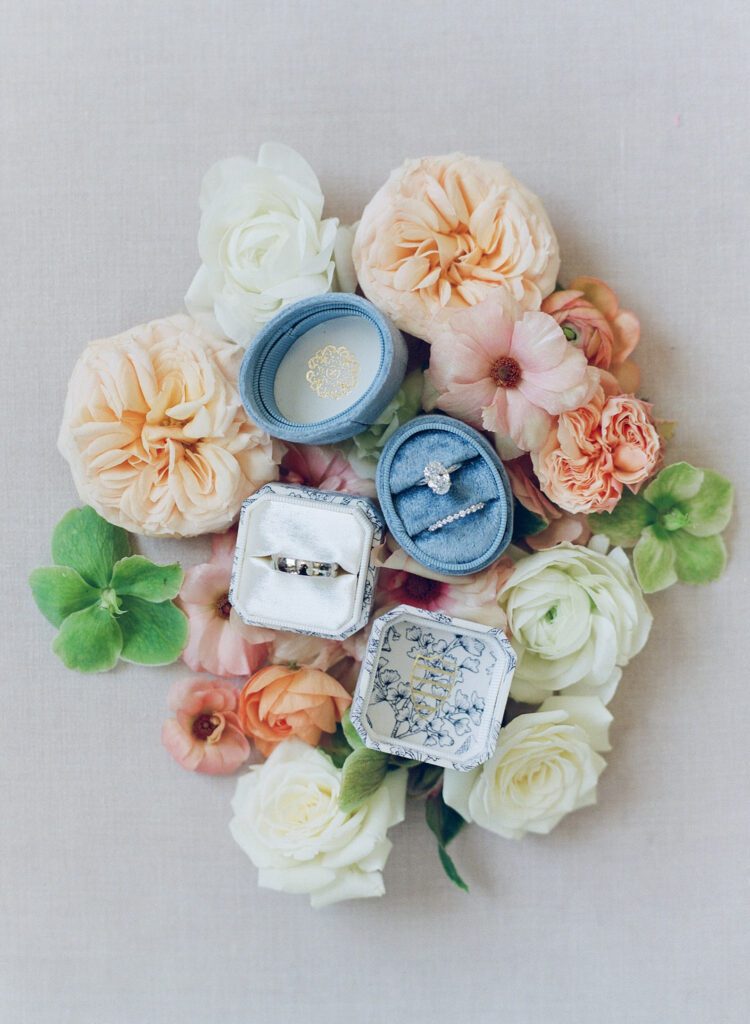 wedding rings in ring boxes on flowers