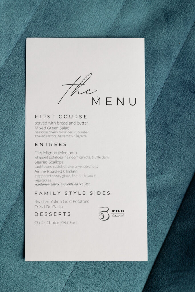 menu for rehearsal dinner at 5 church