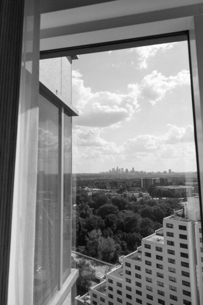 black and white of Atlanta skyline from the Intercontinental hotel