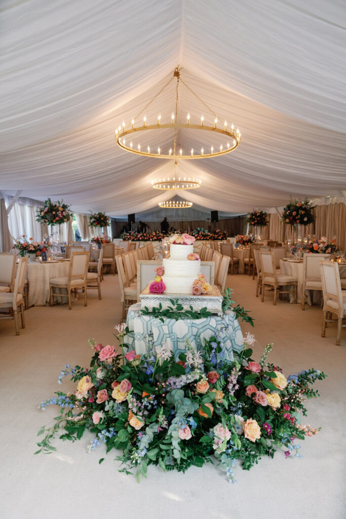 wedding reception tent with cake at entrance