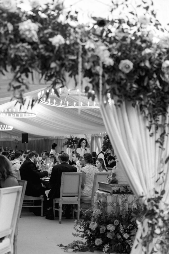 black and white of wedding reception at Chattooga Club Cashiers, NC