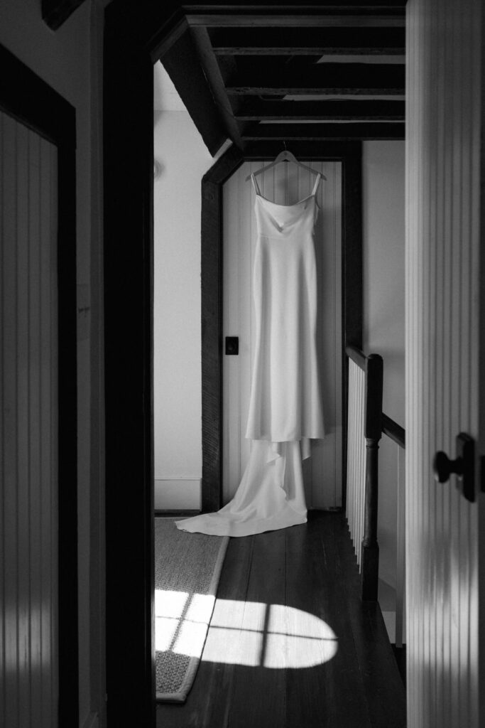 black and white of dress hanging