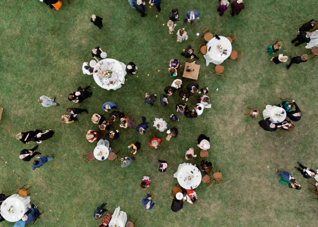 aerial photo of wedding cocktail hour