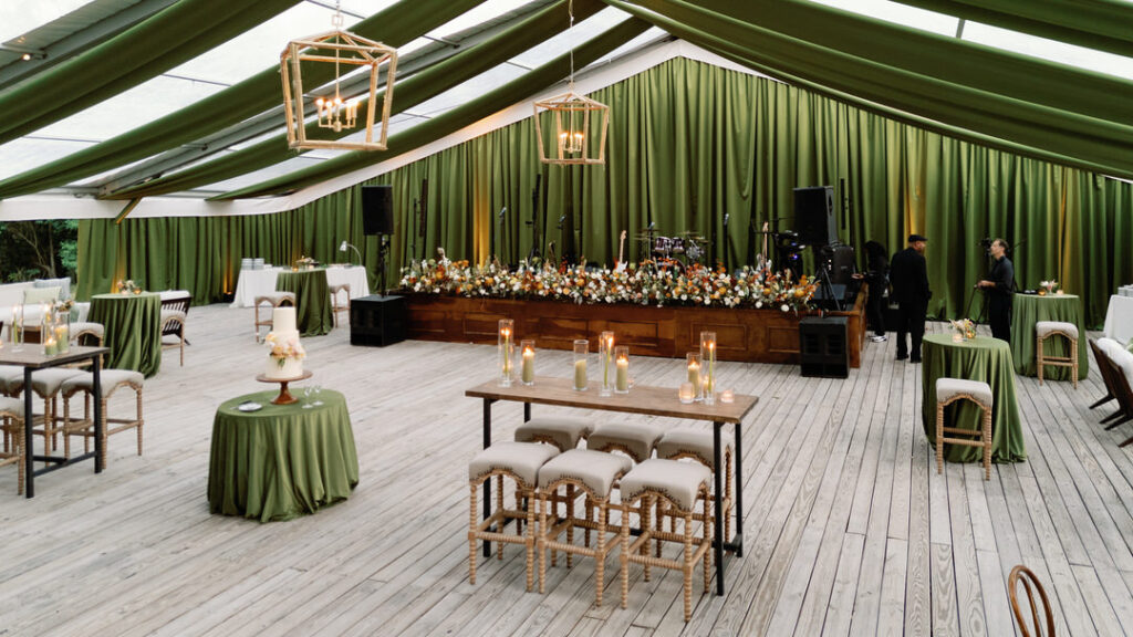 tented wedding reception with green drapery at Runnymede Charleston