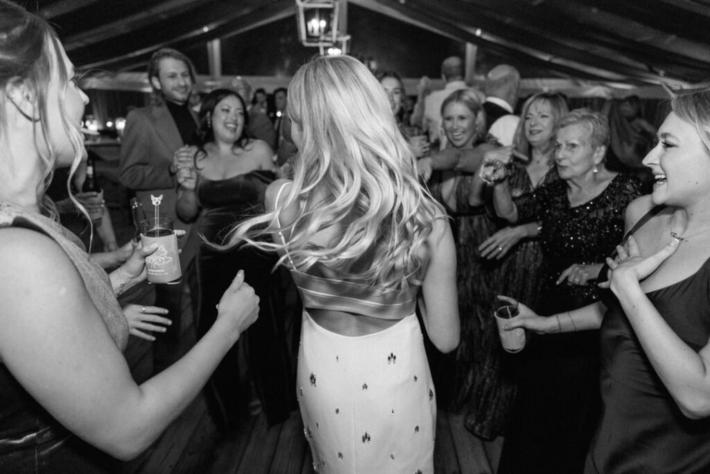 black and white of bride on dance floor