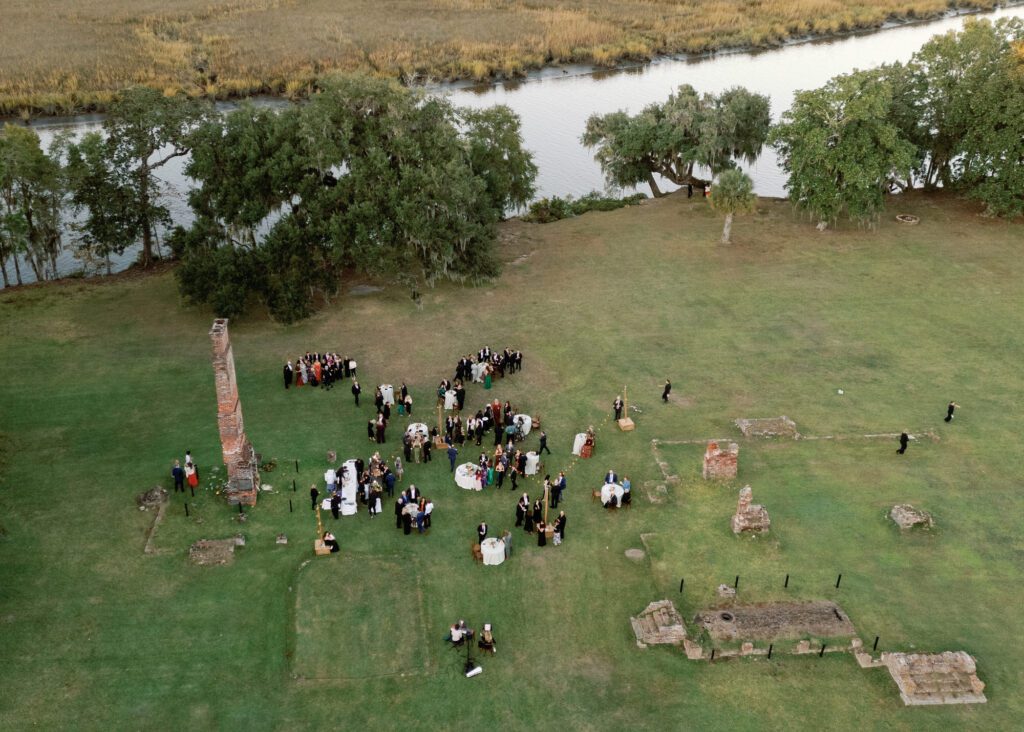 Aerial view of cocktail hour at Runnymede Wedding Venue